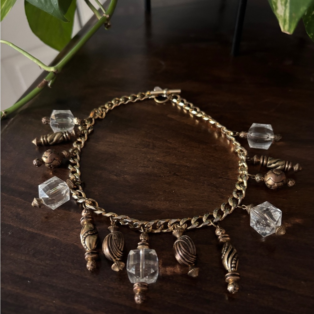 Vintage Necklace Choker Dabby Reid Gold Tone Chain Crystals Bronze Beads Charms